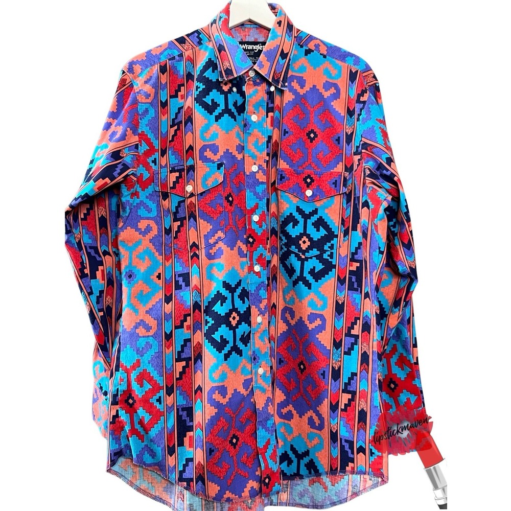 Vintage Wrangler‎ Button Down Shirt Sz 15 1/2 Colorful Southwestern Aztec Navajo